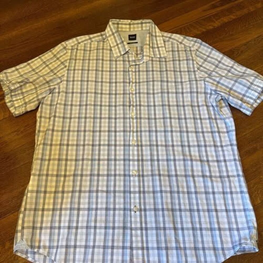 Hugo Boss Short-Sleeve Plaid Dress Shirt - Light Blue, Gray & White - XL